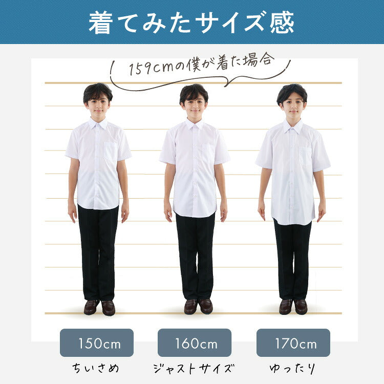 男子スクールシャツ半袖の150cm・160cm・170cmの着用比較