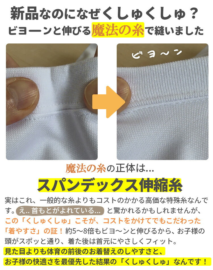 半袖体操服の首まわりのリブを伸ばした様子