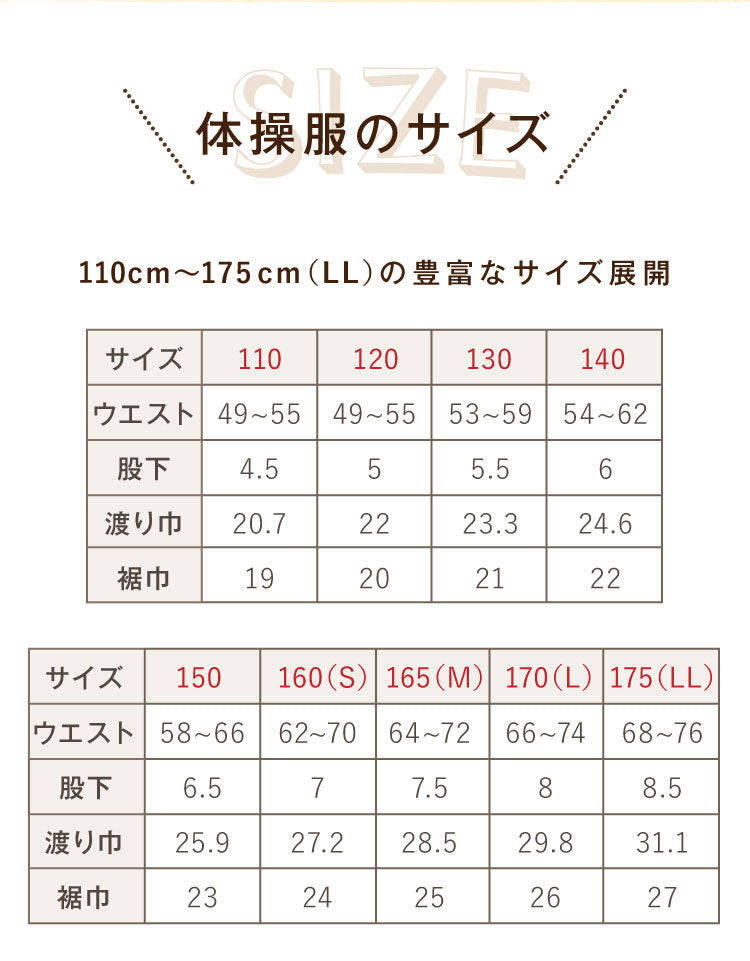 ライン入り体操服ショートパンツのサイズ表