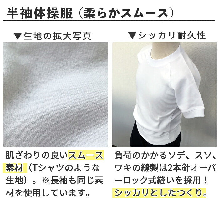 体操服シャツの生地の拡大と縫製の説明