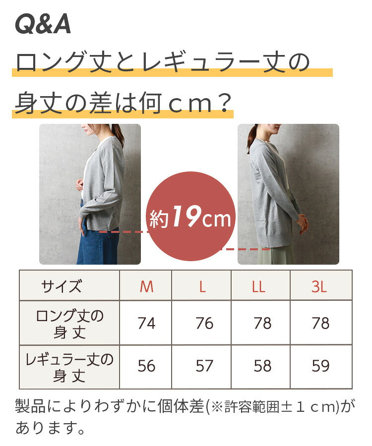 Vネックカーディガンとロング丈の身丈の比較