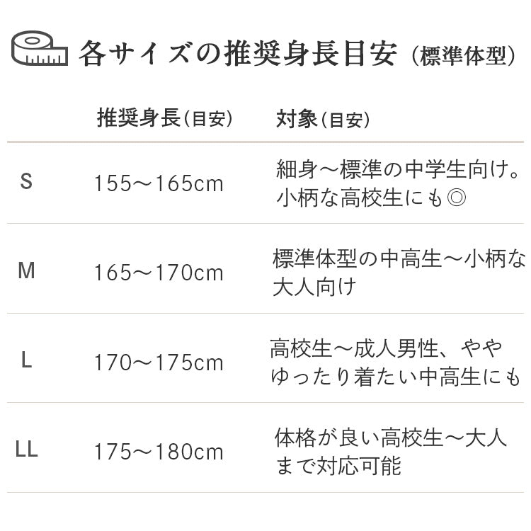 男子 スクールポロシャツのサイズごとの身長目安表