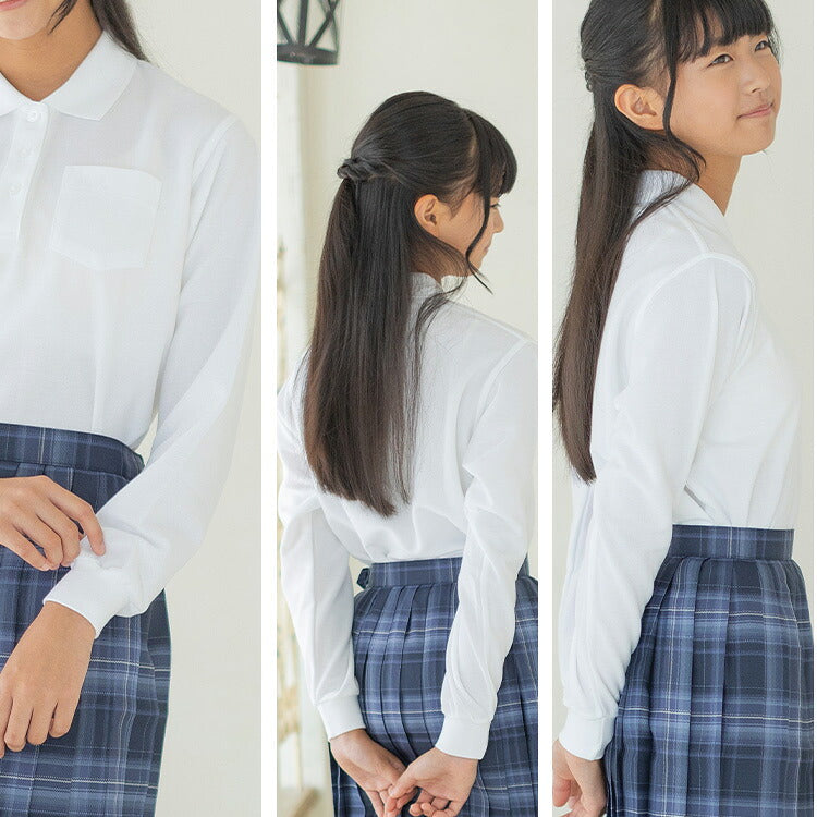 女の子 スクールポロシャツを着た胸元と後ろ姿と横姿