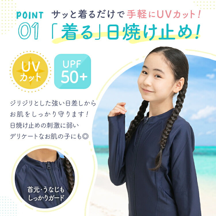 キッズ ラッシュガードを着た女の子と首元のアップ