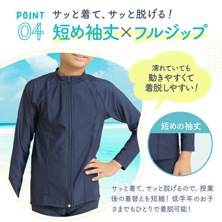 キッズ ラッシュガードの前ジップと短めの袖丈