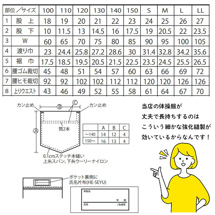 クォーターパンツのサイズ表と縫製の図
