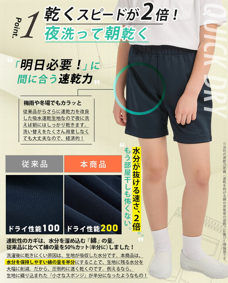 体操服 クォーターパンツの速乾性の特長の案内
