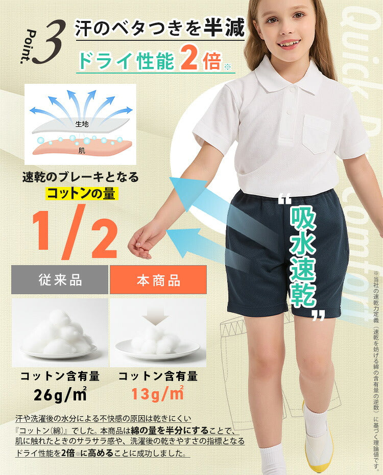 体操服 クォーターパンツの汗のベタつきを抑える特長の案内