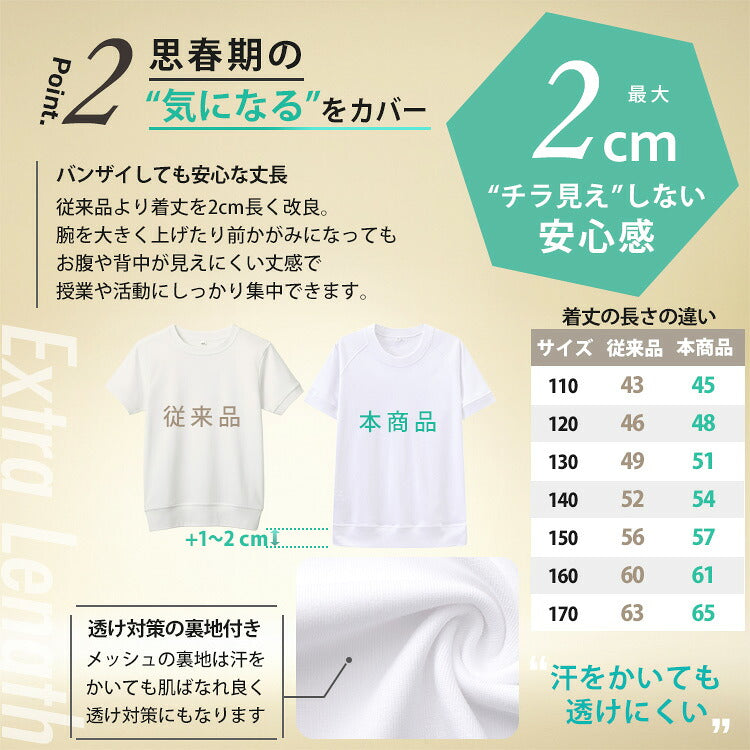 体操服 上下セットの丈長シャツと生地の特長の図