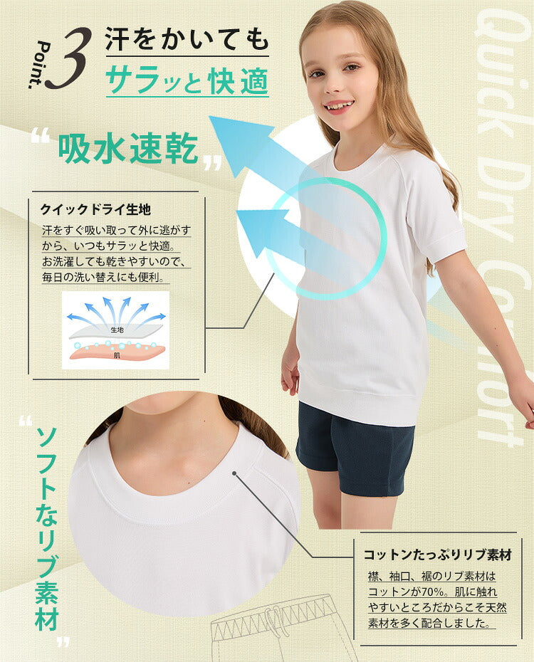 体操服 半袖の吸水速乾と襟まわりの特長の図